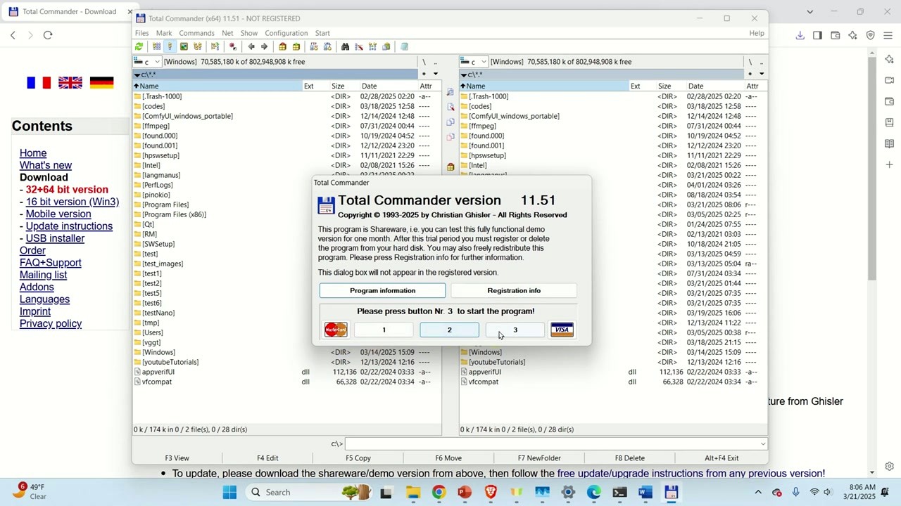 Total Commander first launch showing shareware registration dialog
