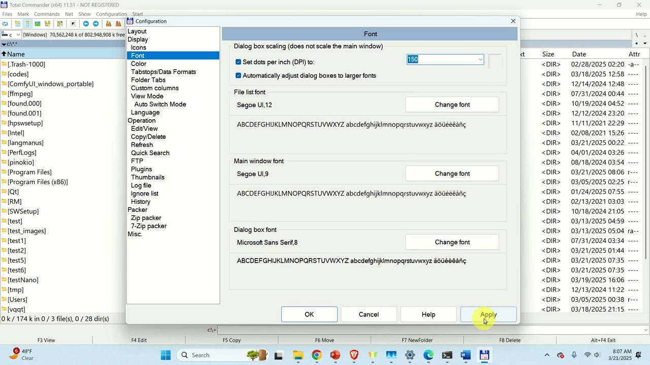 Total Commander FTP client with categories like Font, Display, Operation