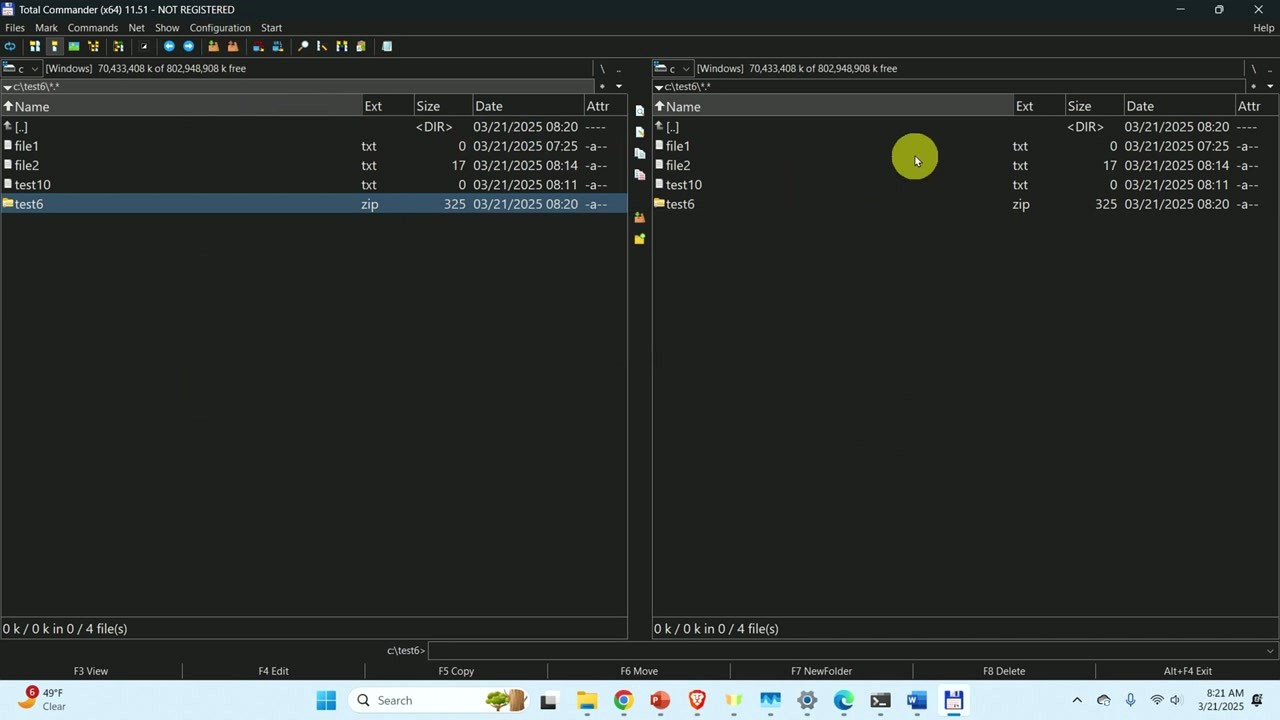 Total Commander showing files and a zip archive in both panels